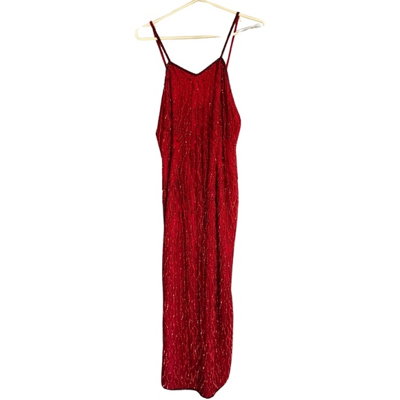 Vintage Dresses & Skirts - Vintage 90's Red Beaded Silk Full Length Evening Dress - XL